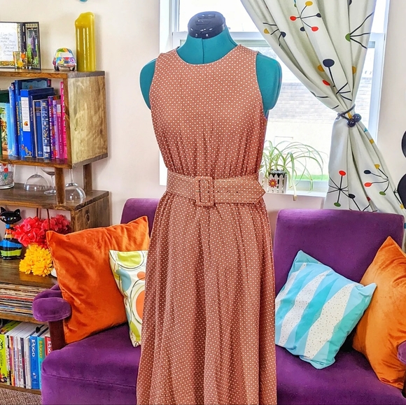 Pretty Woman Polka Dot Dress Vintage 1980s Wide Belt Swing Retro Brown & White - Picture 2 of 8